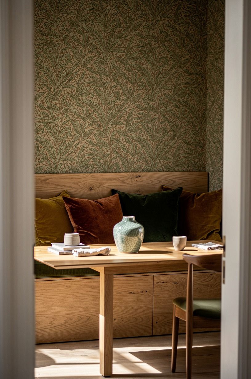Wrap the wall in warm botanical wallpaper (Pattern Should Hold the Corner)