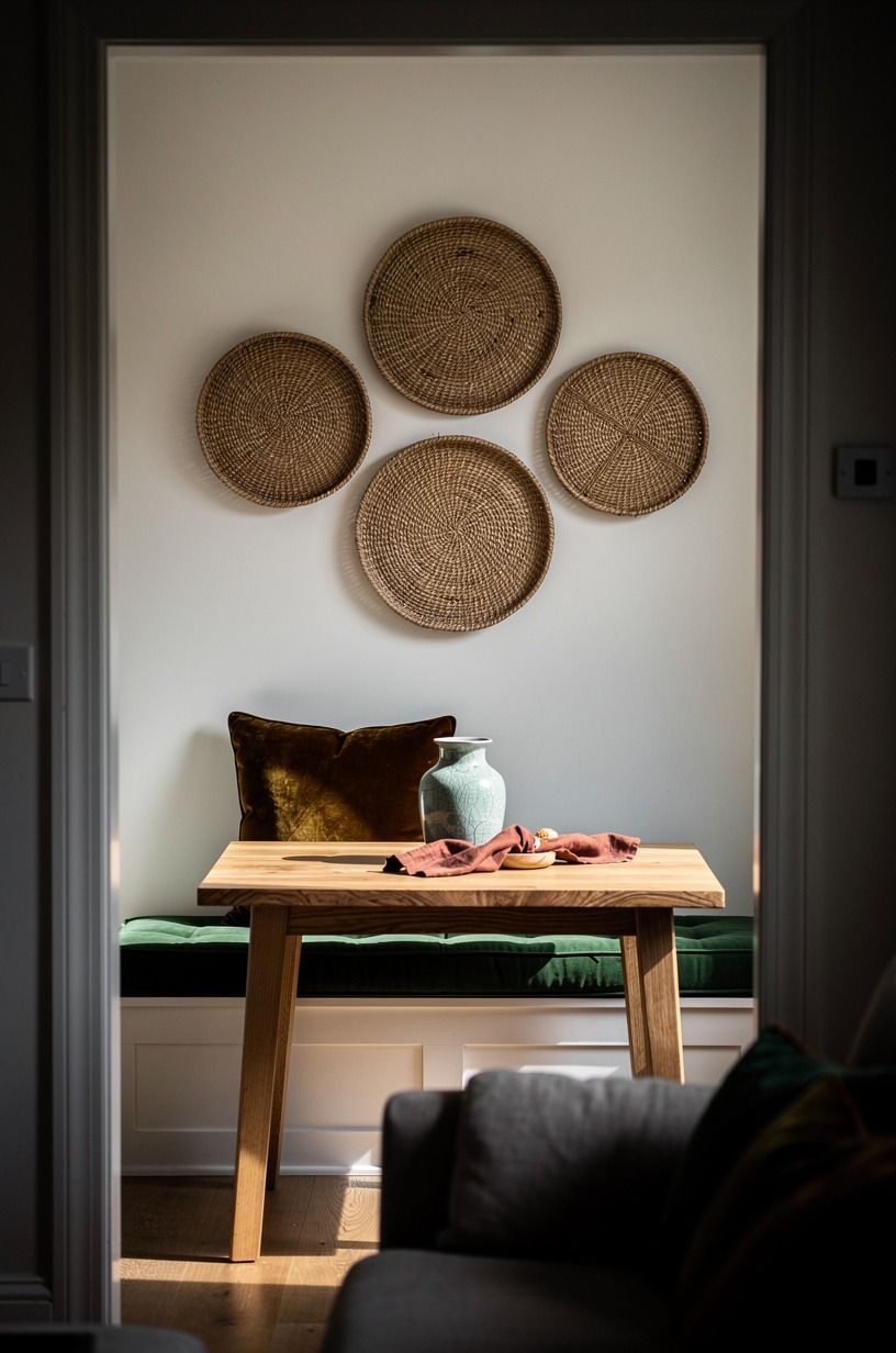 Hang woven trays in an off-center cluster