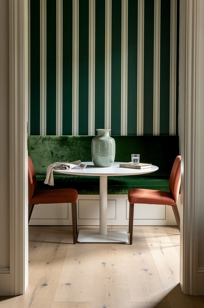 Layer striped wallpaper behind a round pedestal table