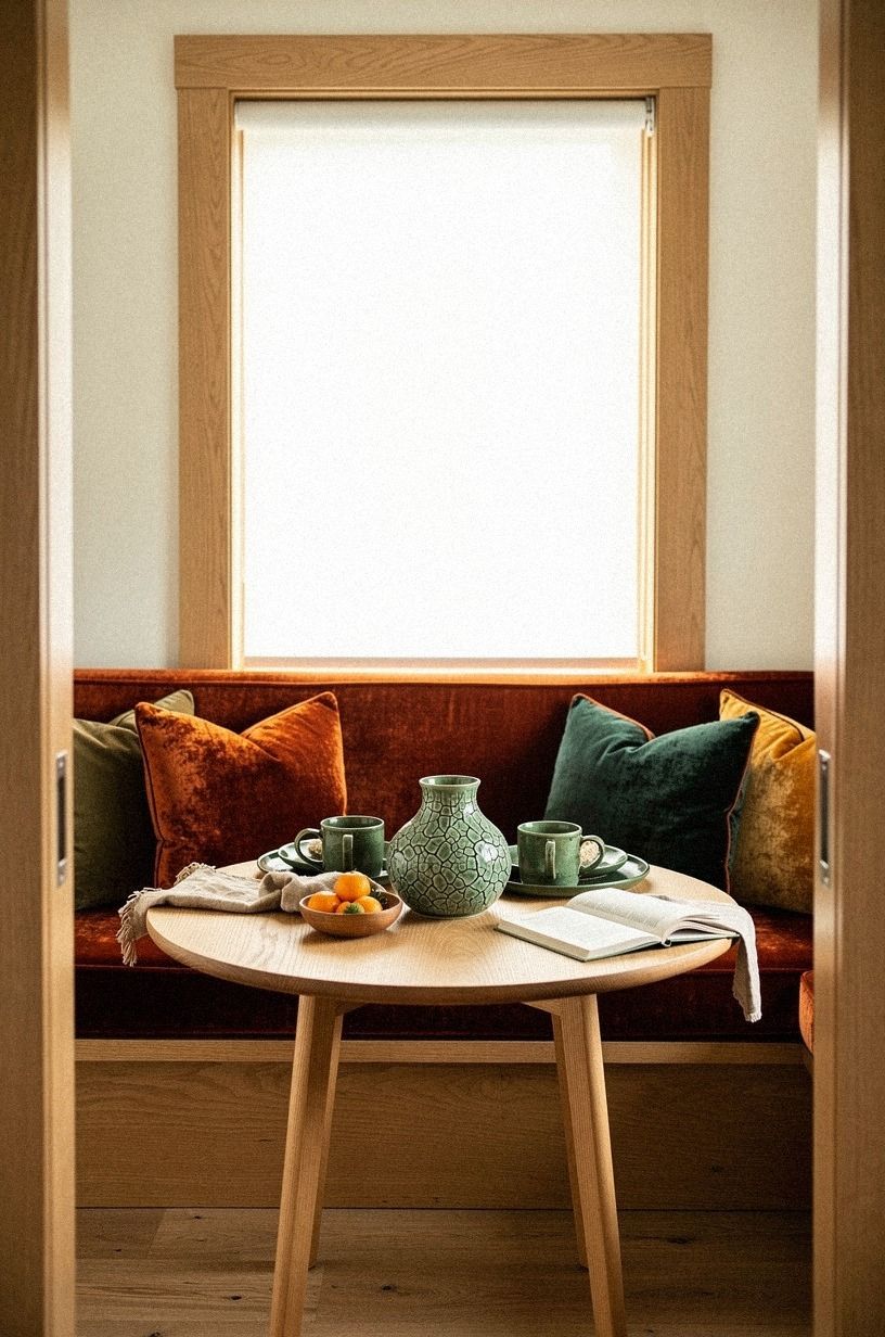 Added rust velvet cushions along the wall
