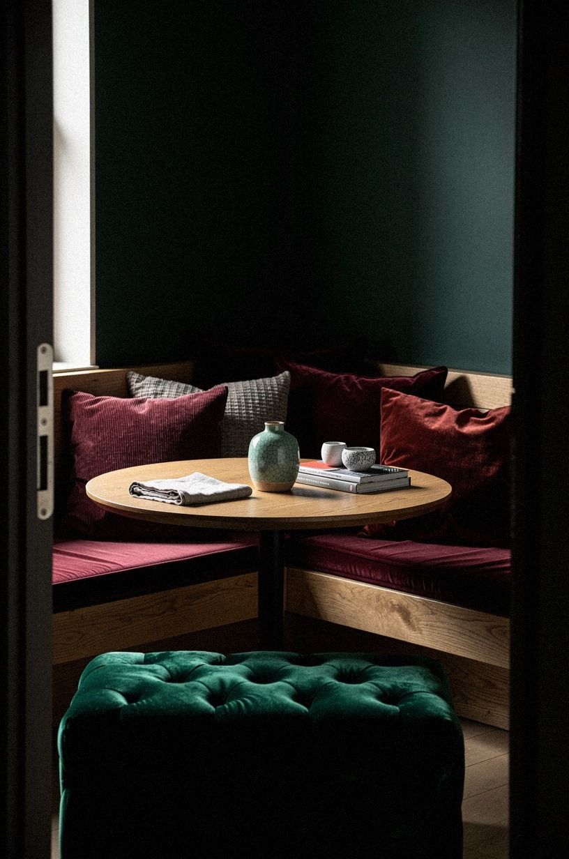 Layer burgundy pillows along the bench