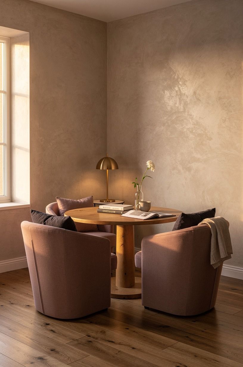 Pair a round table with barrel chairs