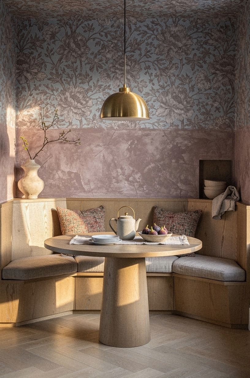 Frame a botanical mural above the banquette