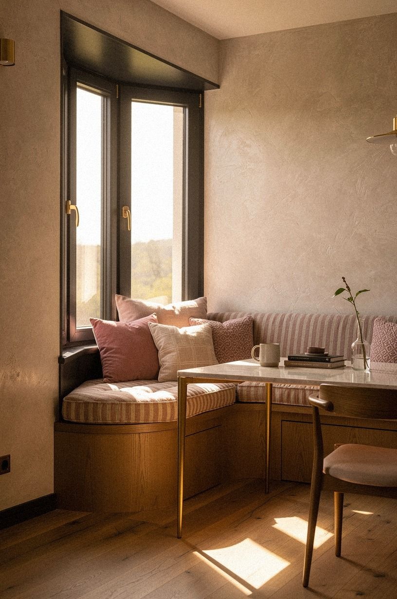 Layer striped cushions along the window seat