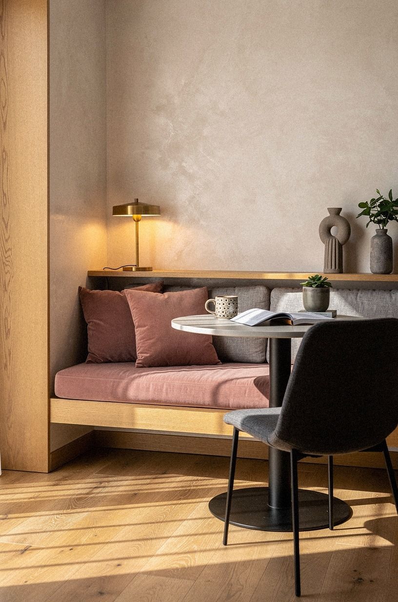Tuck a floating bench beside the sofa
