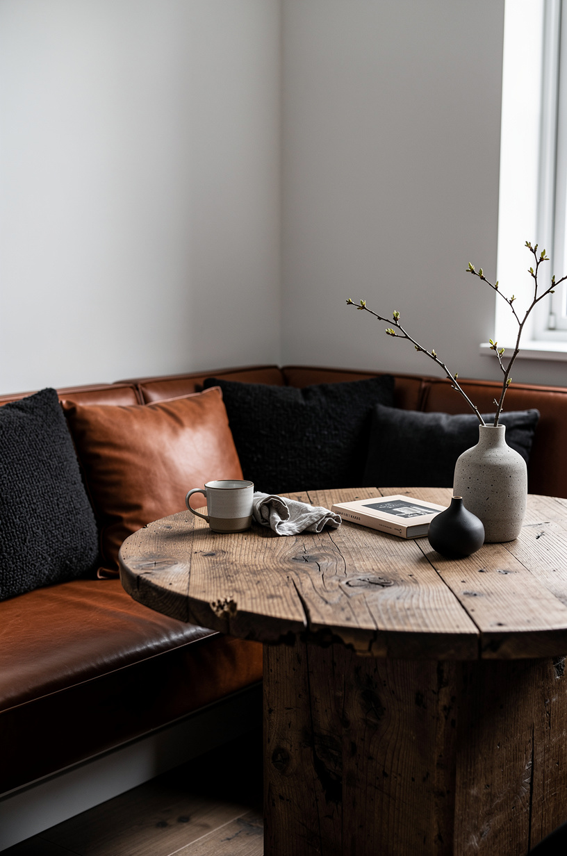 Mix cognac leather with charcoal boucle