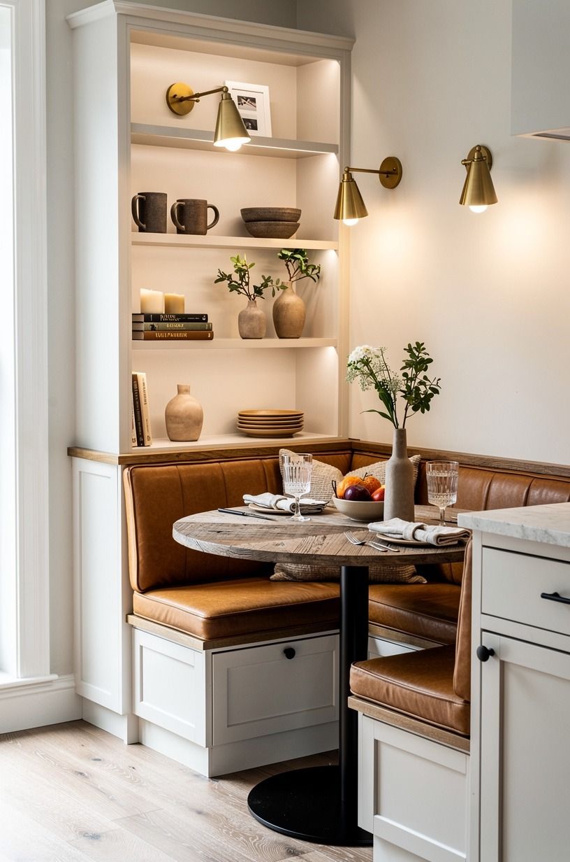 Frame built-ins with tiny brass sconces