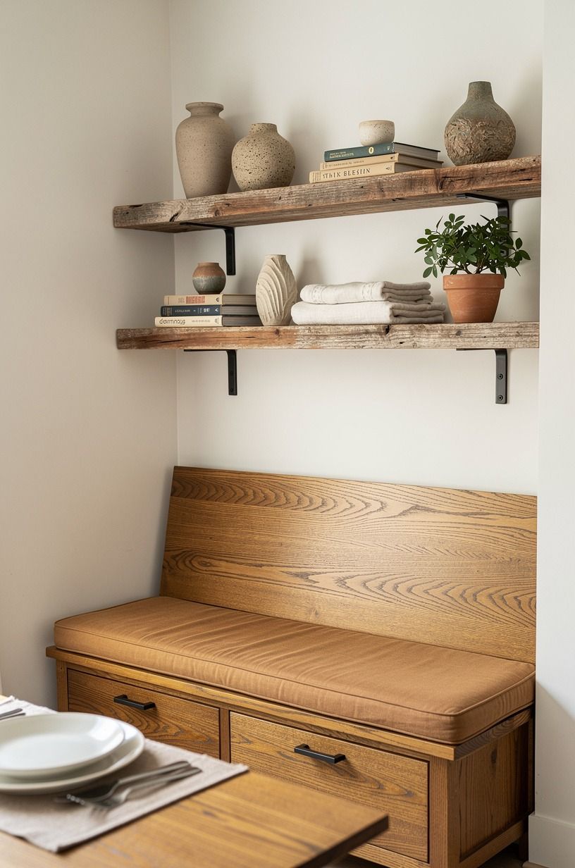 Hang shallow shelves above the bench