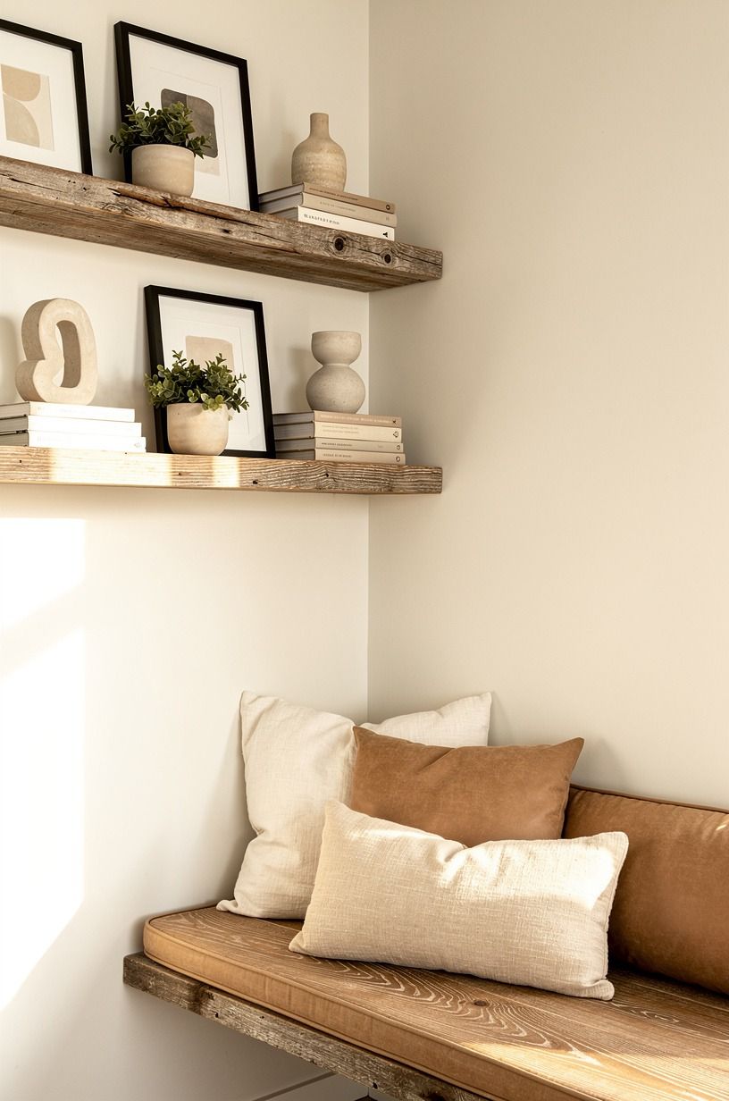 Mount picture ledges above the breakfast bench (The Leaning Gallery Move)