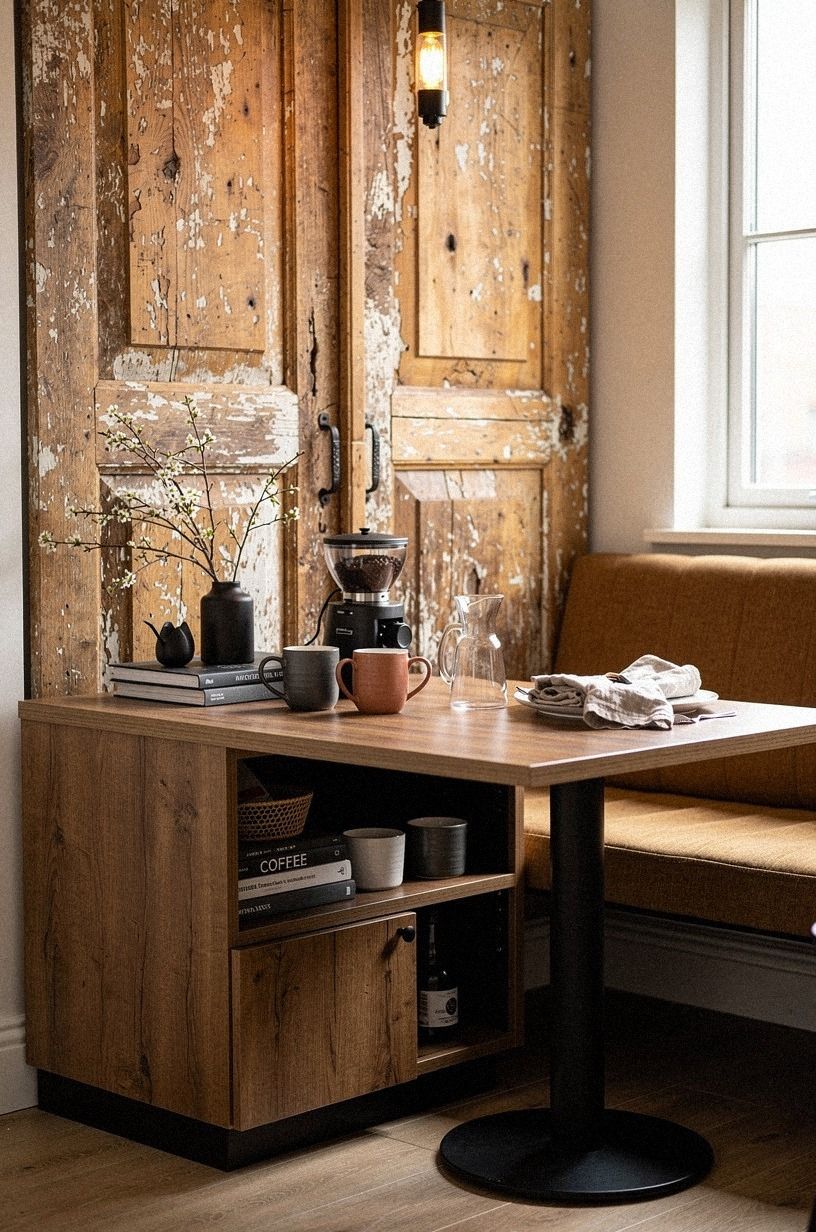Style a low cabinet as coffee storage