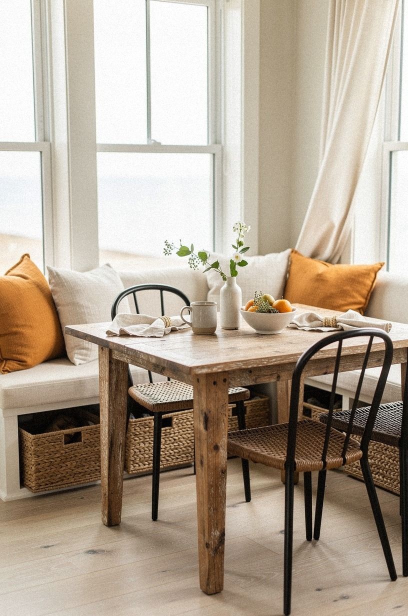 Tuck seagrass baskets beneath the bench