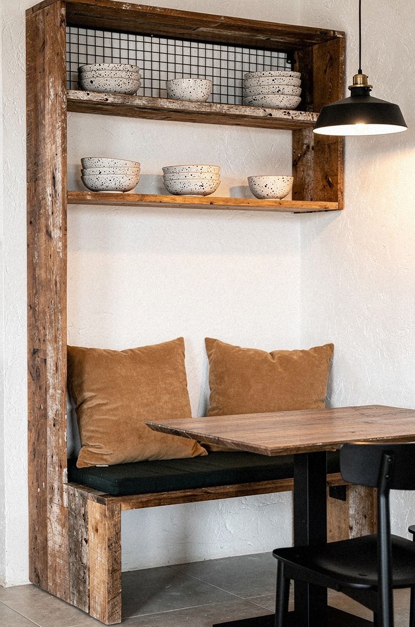 Styled open shelves with speckled breakfast bowls
