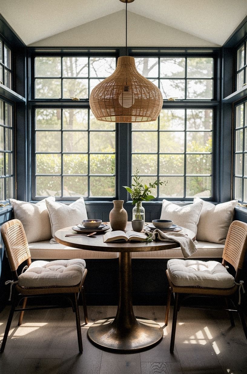 Hang a rattan pendant above breakfast plates