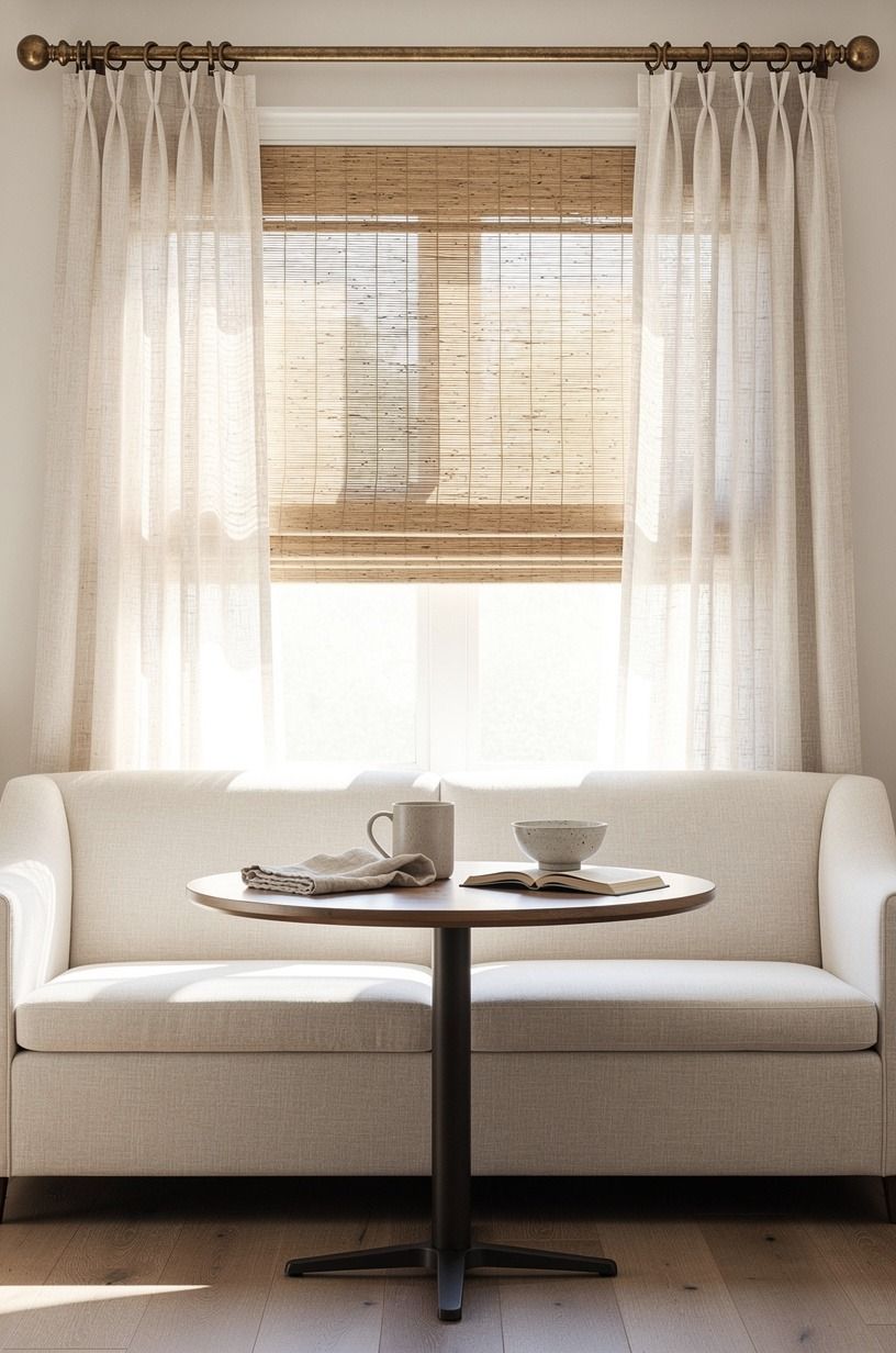 I layered bamboo shades under white linen panels