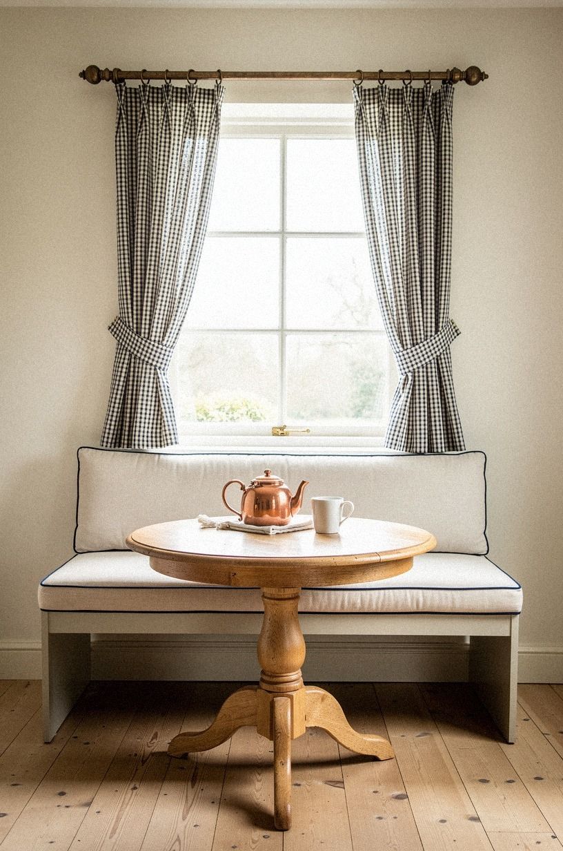 Hung gingham cafe curtains across the window