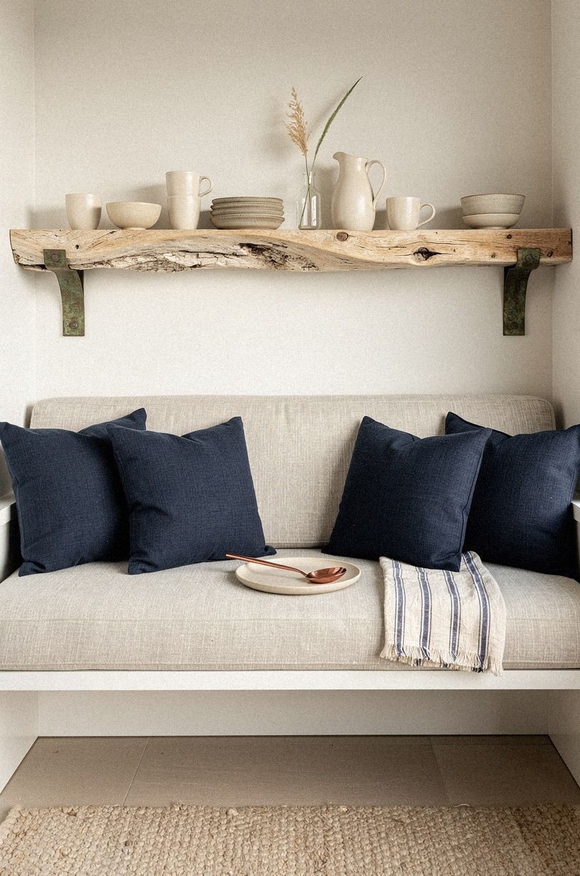 Style a driftwood shelf with breakfast ceramics