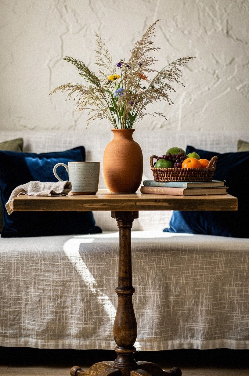 Placed a clay vase of wild grasses