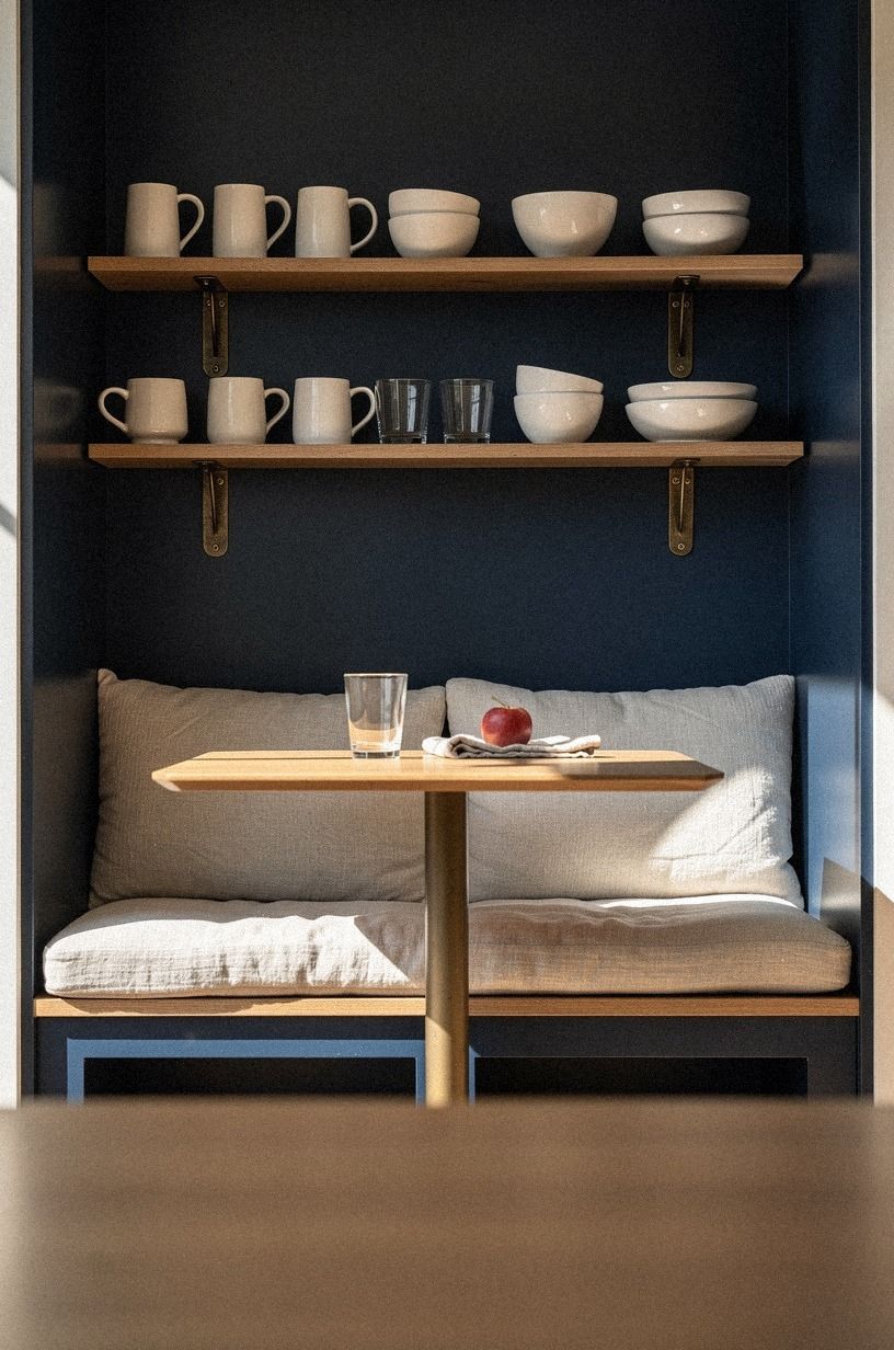 Use a wall shelf for mugs and bowls