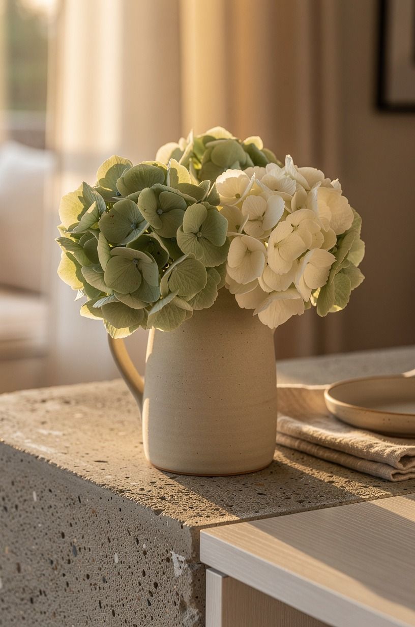 Set fresh hydrangeas in a stoneware pitcher