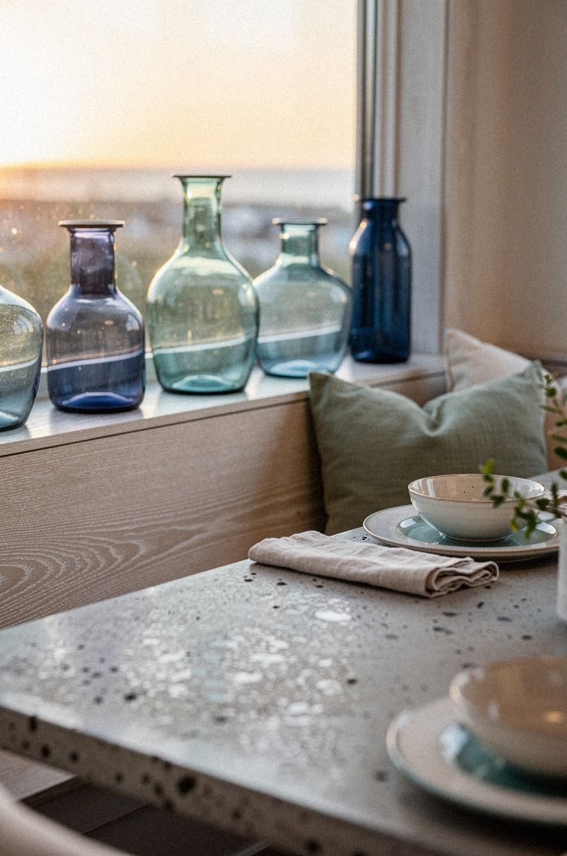 Place blue glass vases along the ledge