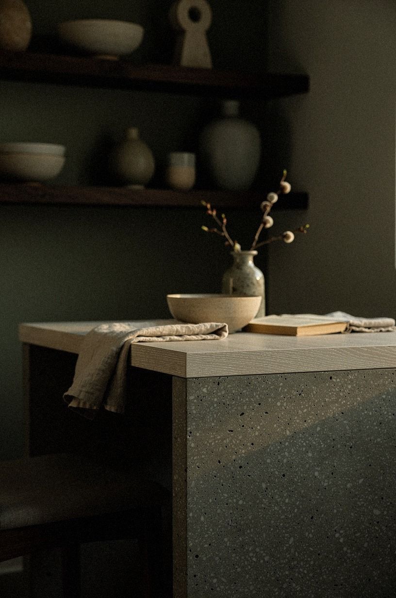 Style dark wood shelves with ceramic bowls