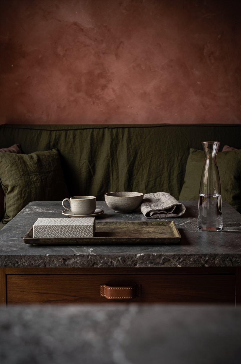 Slipcover the banquette in deep olive linen