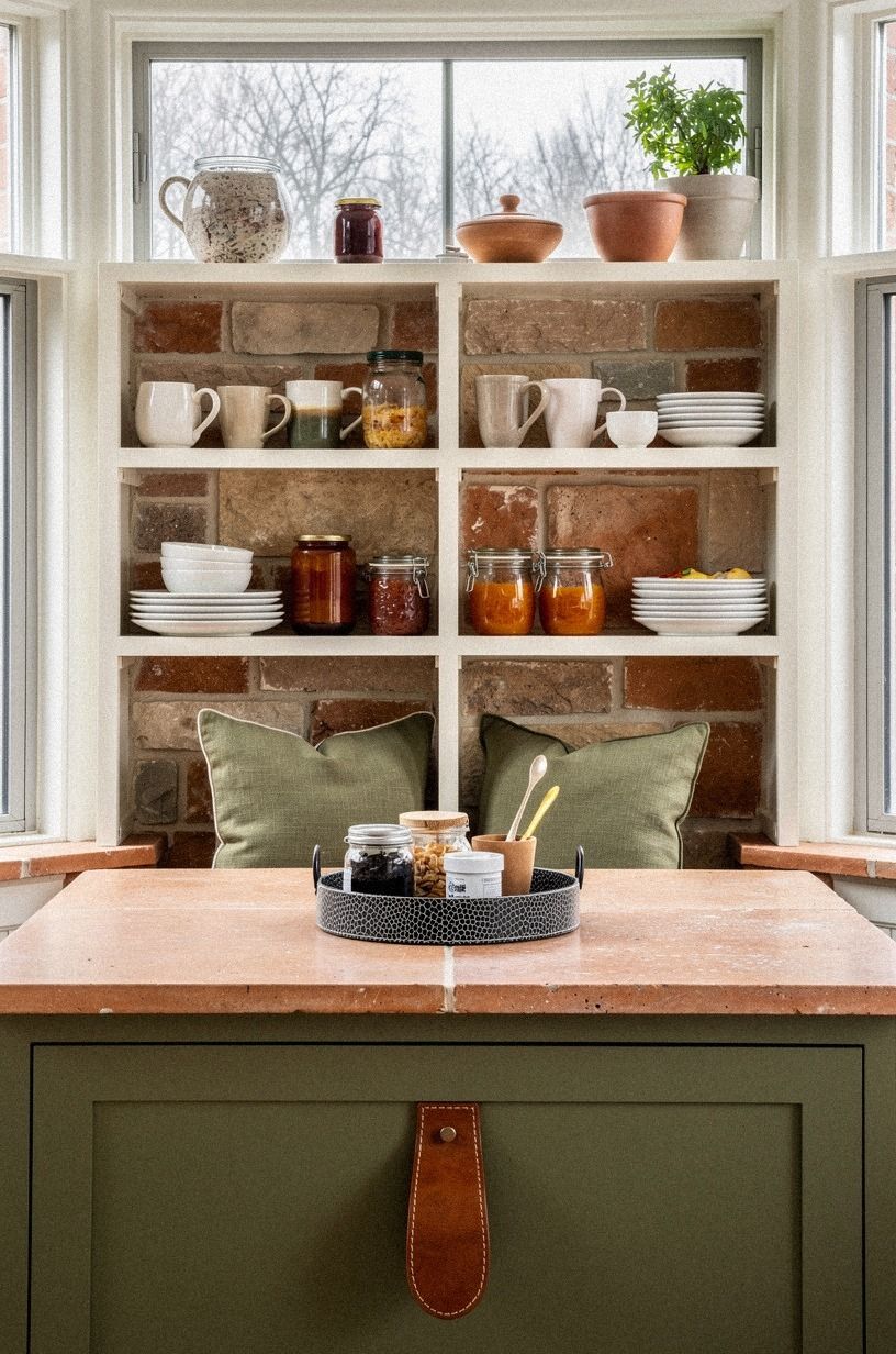 Style open shelves with mugs and marmalade