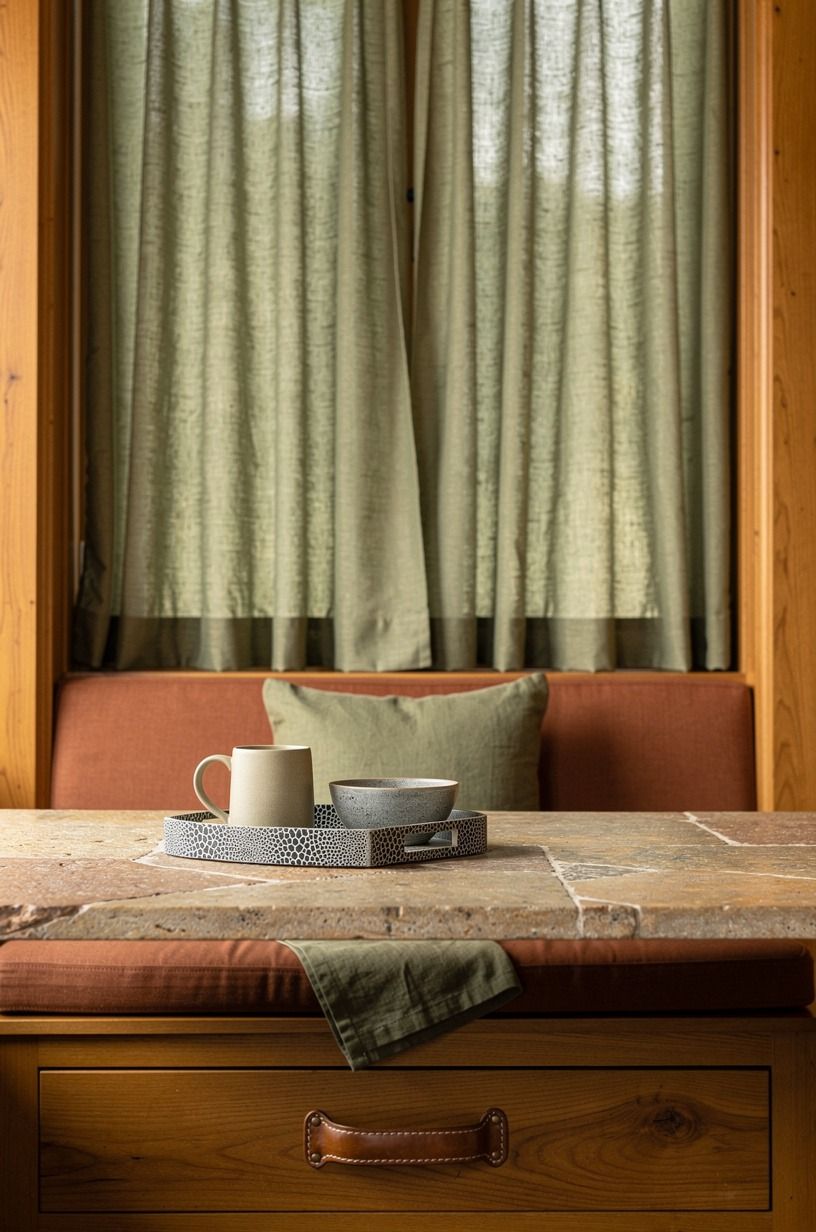 I picked sage curtains against warm wood trim