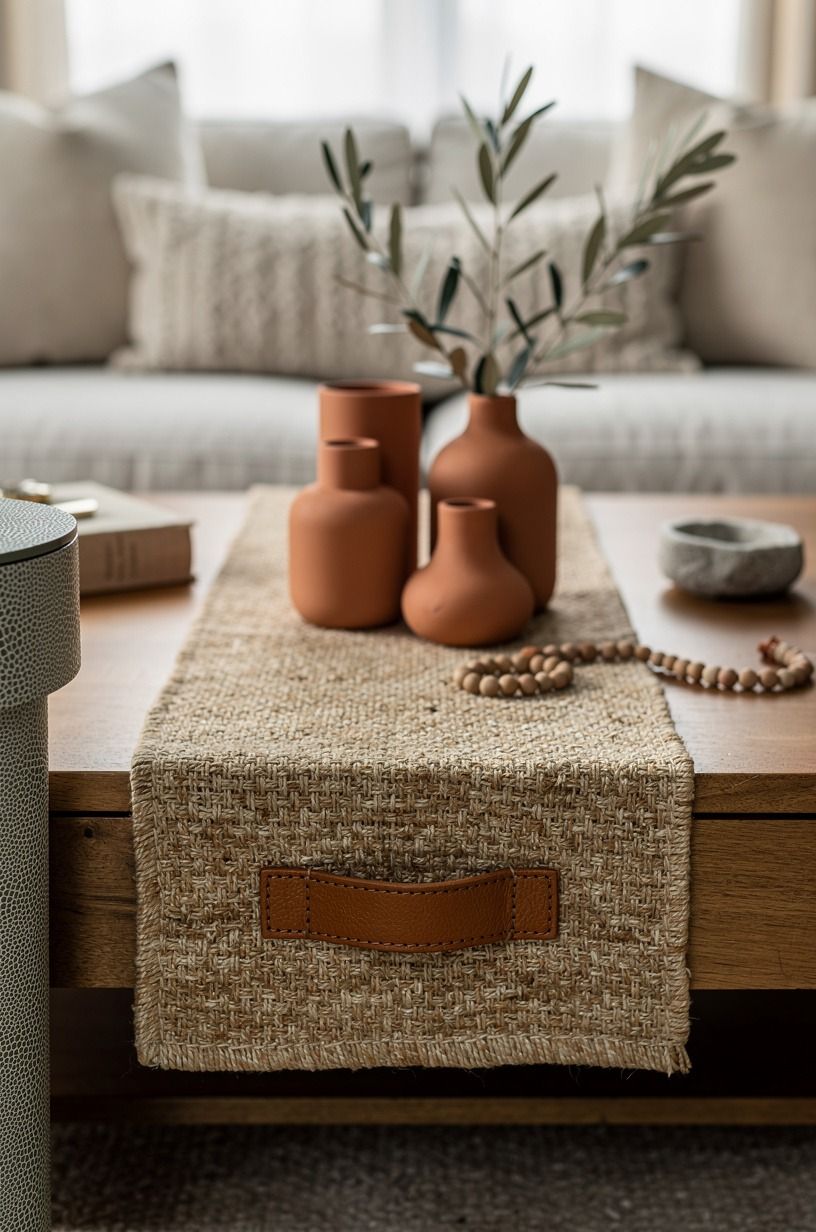 Float a wood coffee table on a vintage runner