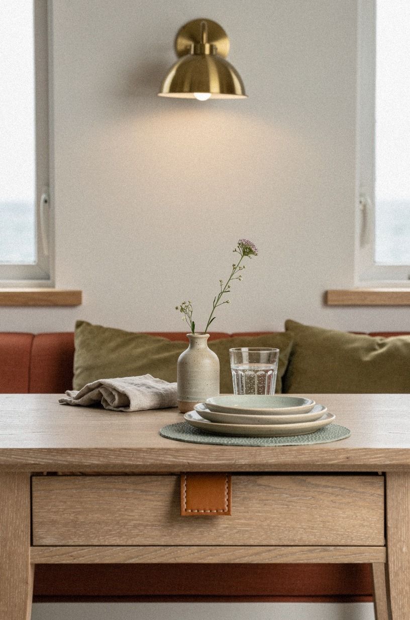 Mount a brass sconce above the banquette