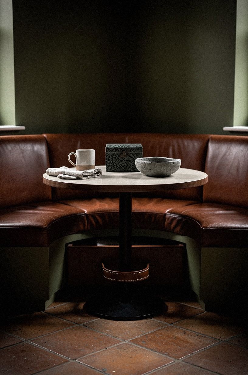 Add a curved bench in walnut leather