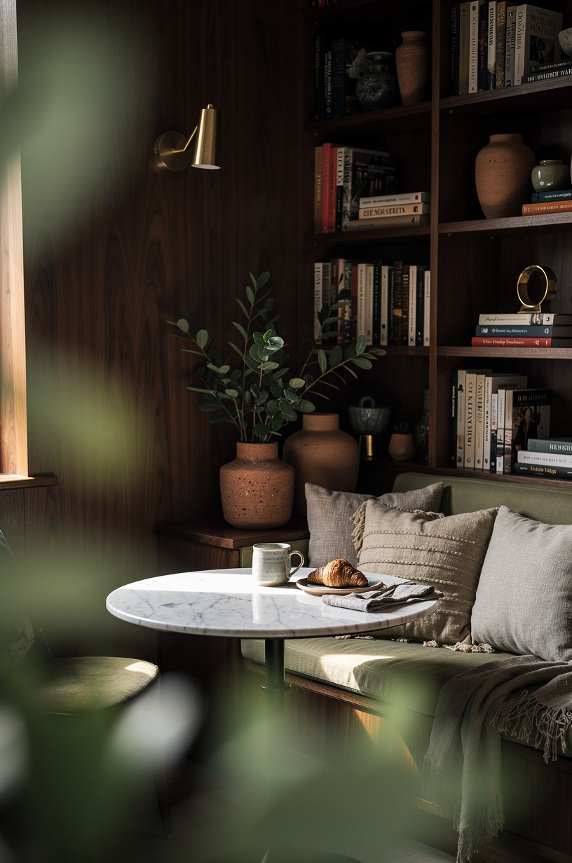 Place a marble bistro table near bookshelves