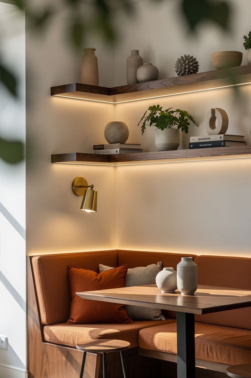 Run LED tape beneath floating shelves