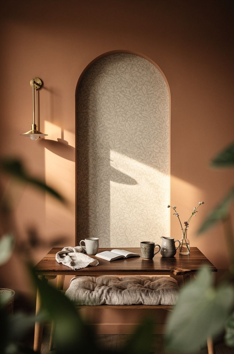 Add a wallpapered arch behind the breakfast table