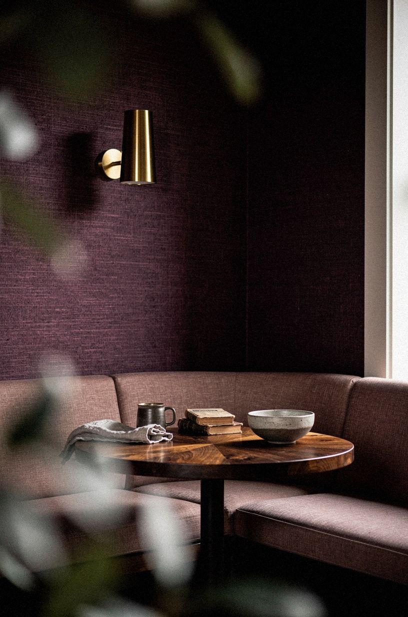 Use plum grasscloth behind the dining corner