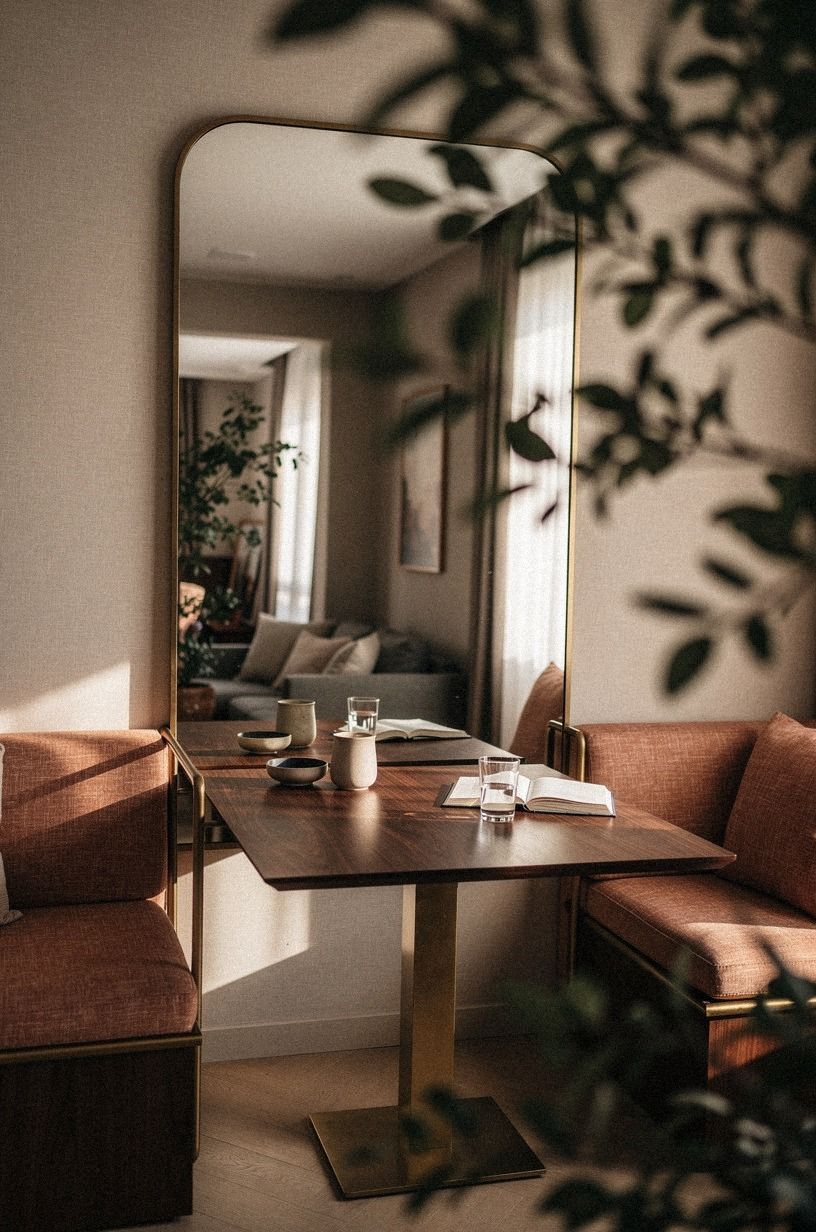Hang one oversized mirror behind the table