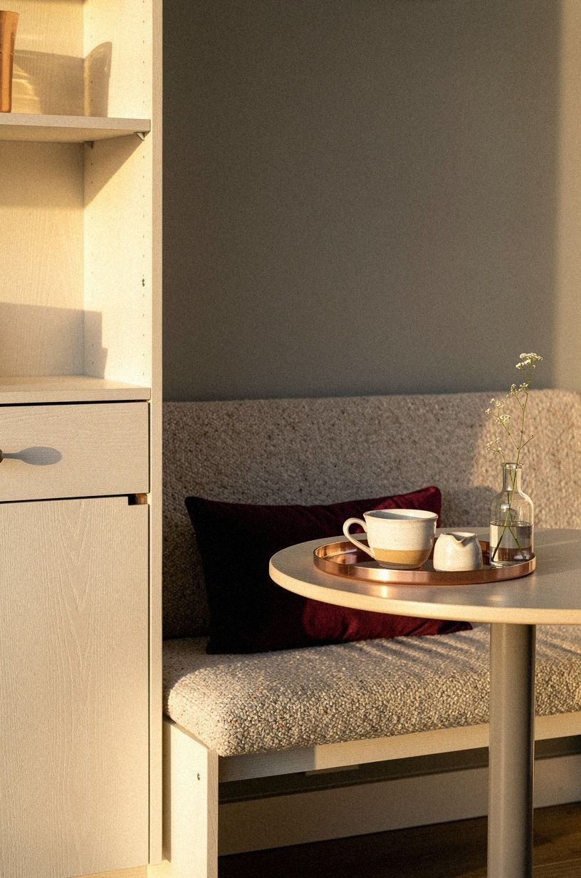 Add a narrow bistro cabinet beside seating