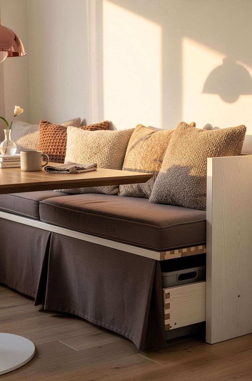 Use a skirted bench to hide bins