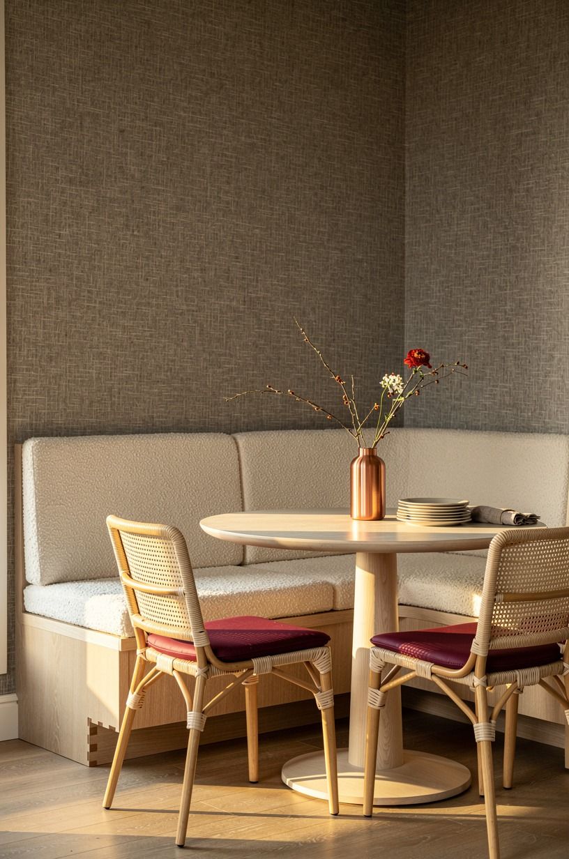 Pair grasscloth wallpaper with woven bistro chairs