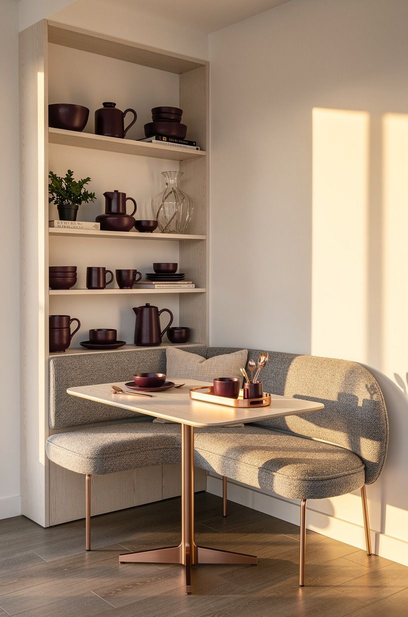 Style open shelves with breakfast pottery