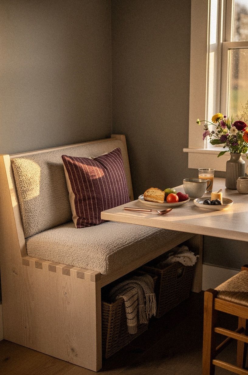 Tucked woven baskets beneath the banquette