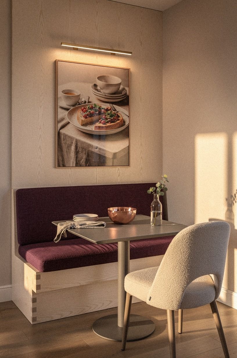 Add a picture light above breakfast art