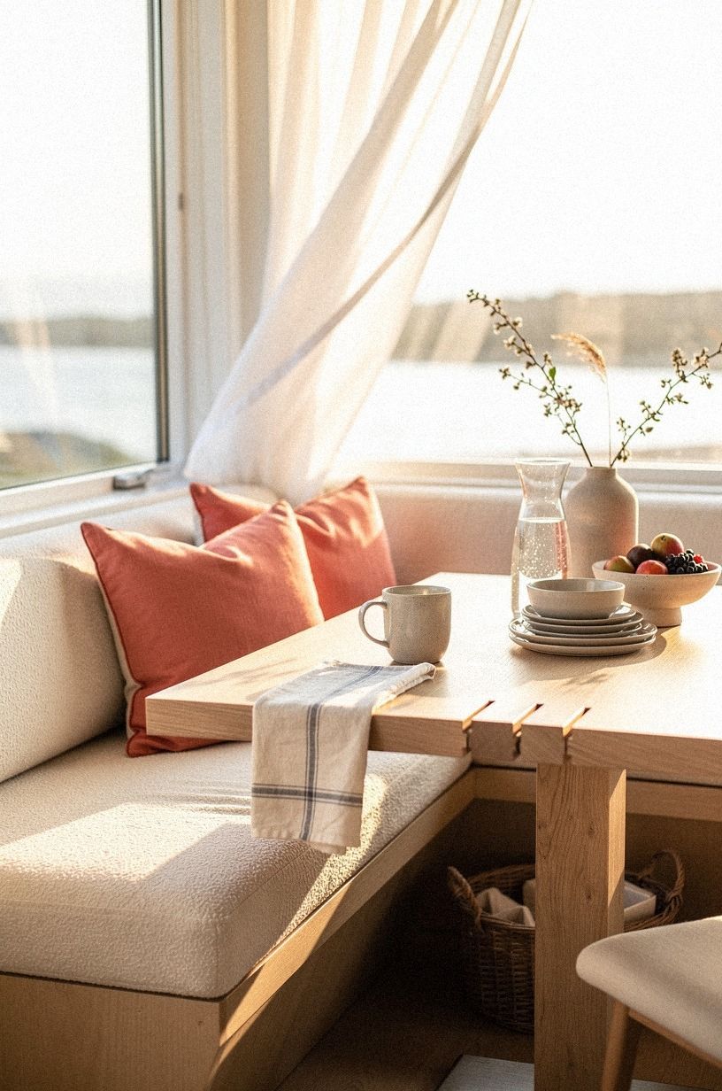 Arrange coral pillows against creamy cushions