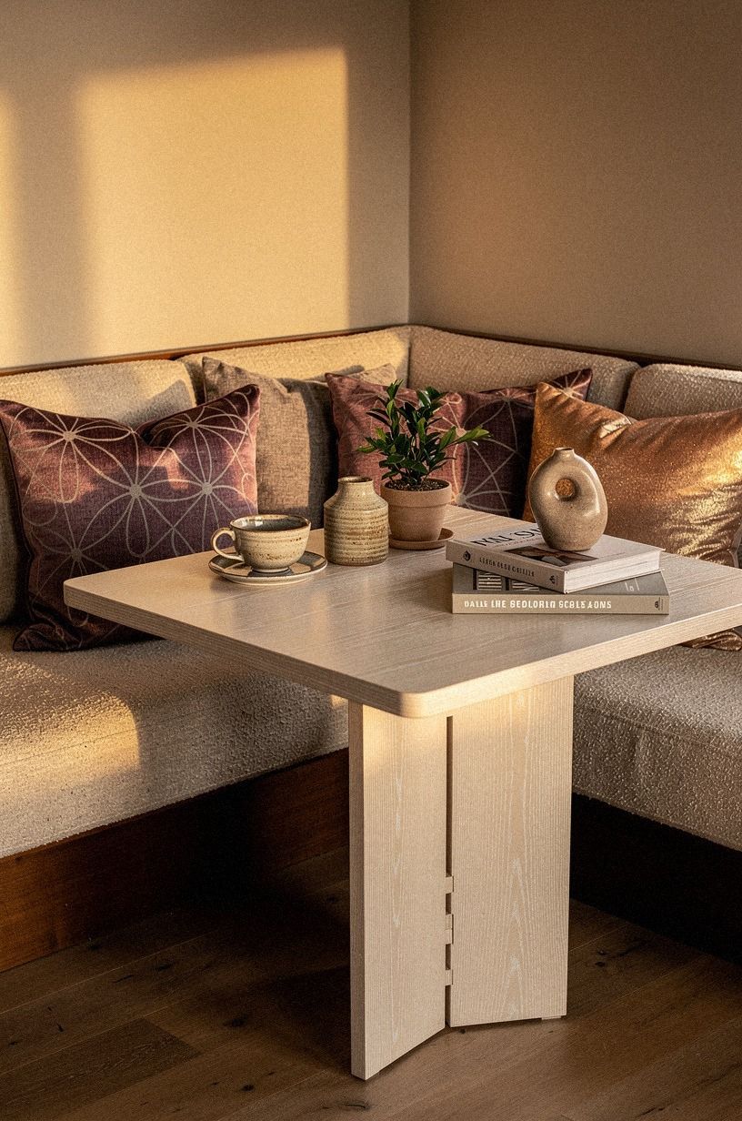 Layer atomic-print pillows on the banquette