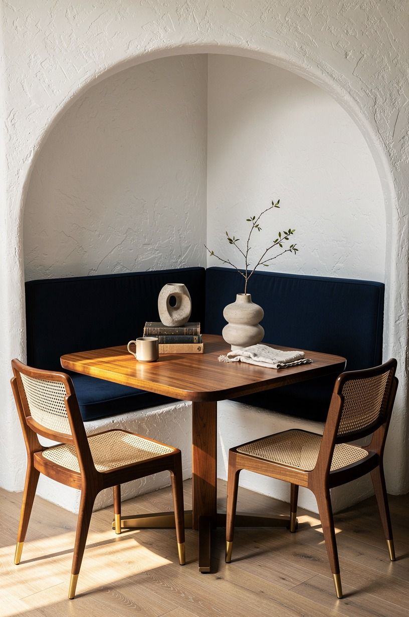 Mix cane chairs with a built-in bench
