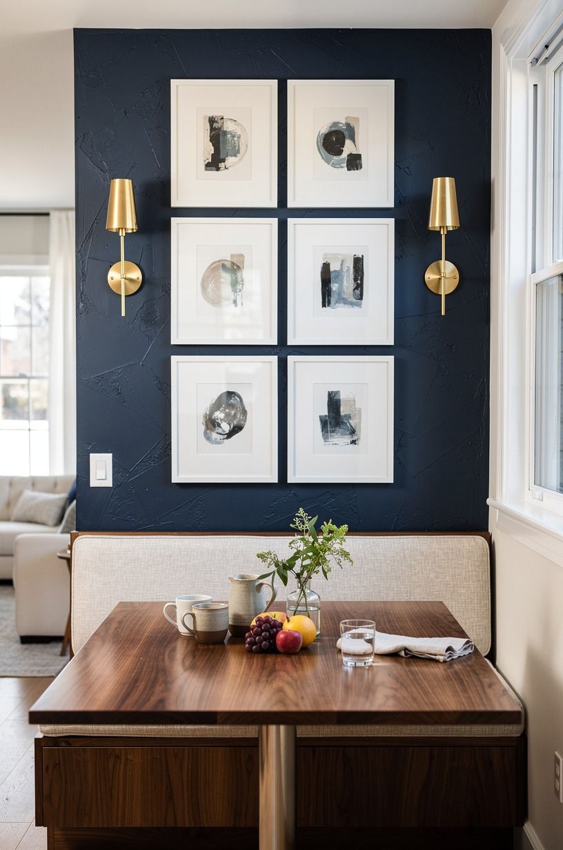 Layer sconces beside a narrow gallery grid