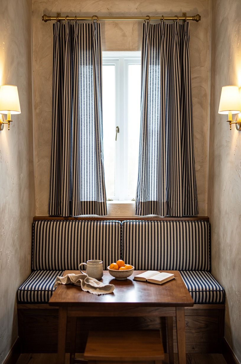 I echoed the curtain stripe on seat cushions