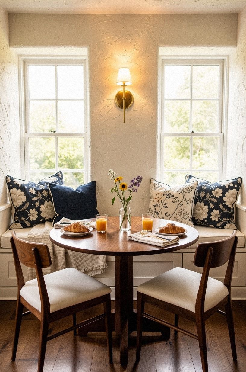 Layer floral pillows against the window seat