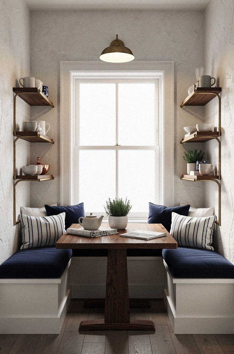 Style shelves with mugs near the seating