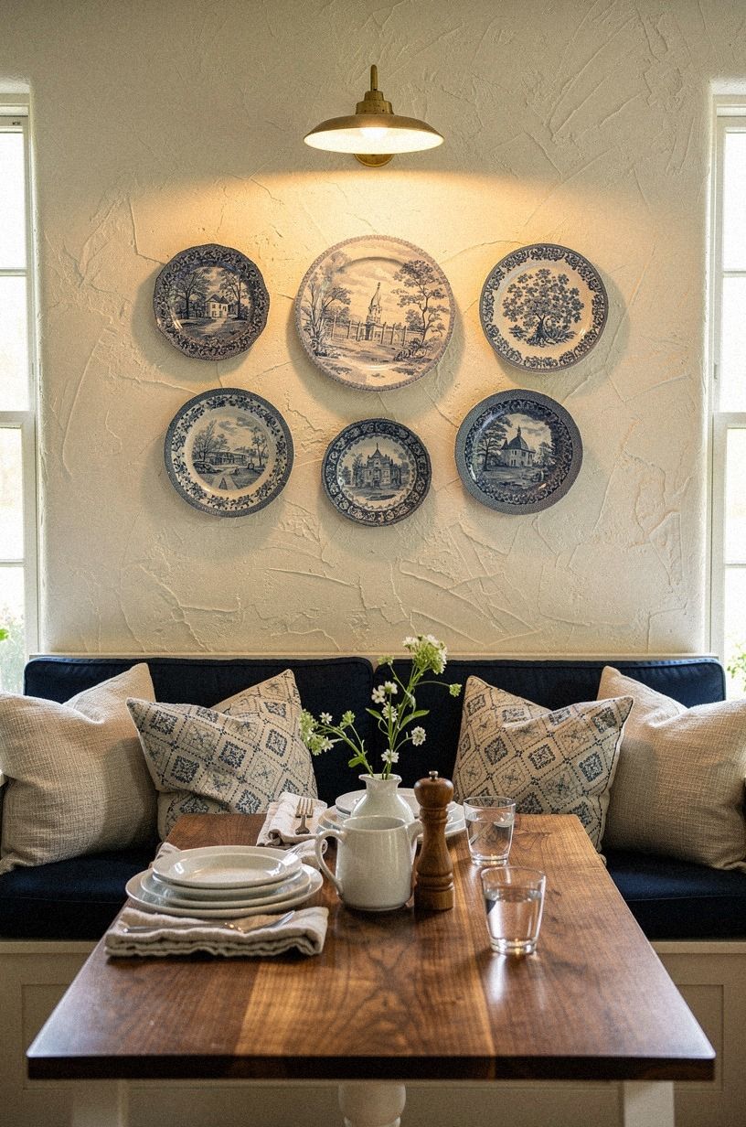 Added blue transferware plates to the wall
